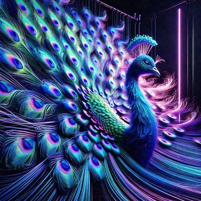 The primary subject of the image is a peacock, which is a large and colorful bird with a long tail. The peacock is standing in front of a purple background, which adds a vibrant and lively atmosphere to the scene. The visual style of the image is a digital art or illustration, as it features a detailed and intricate representation of the peacock. The colors and mood of the image are predominantly purple, which gives it a unique and striking appearance.